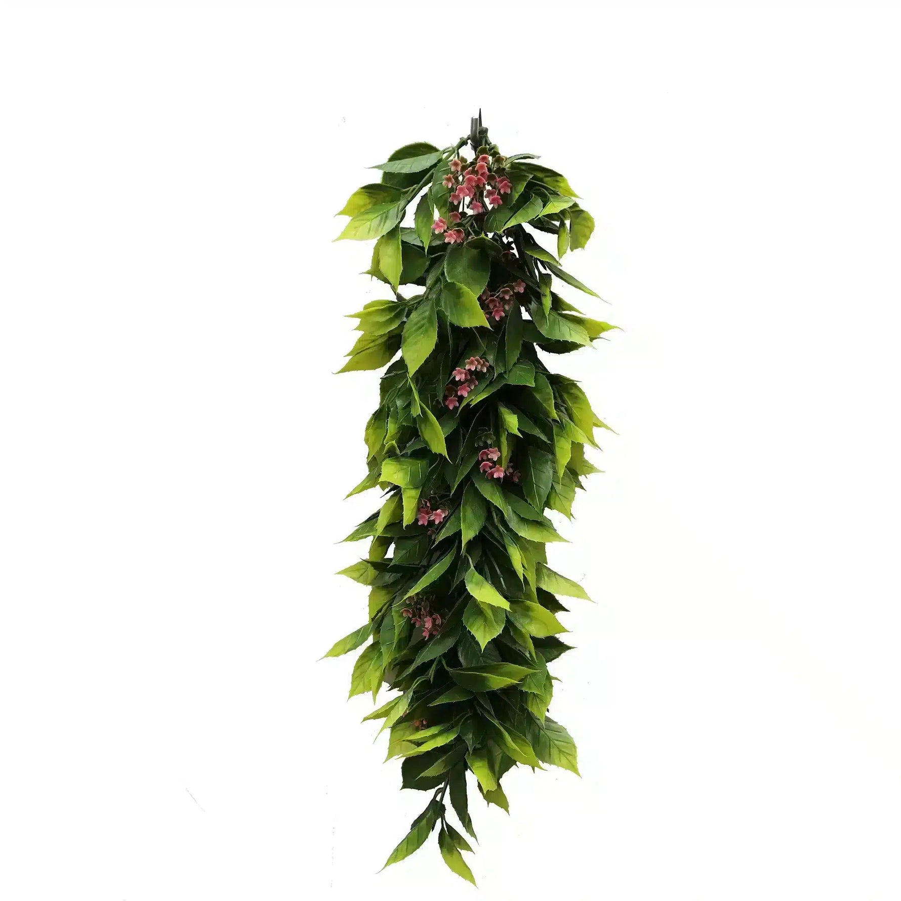 Artificial green leaf garland with pink berries on a white background