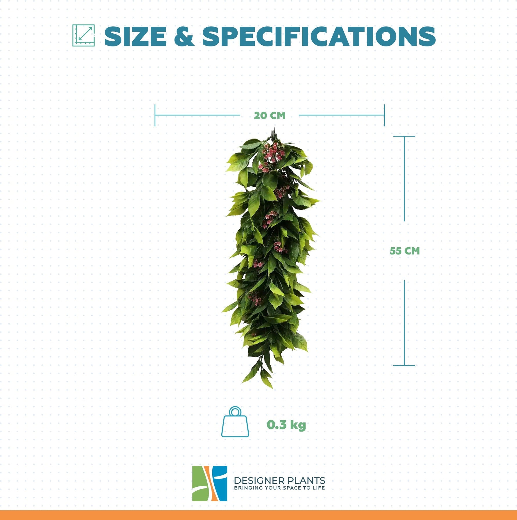 Size and specifications chart for an artificial hanging greenery garland, showing a 20 cm width, 55 cm length, and 0.3 kg weight on a white grid background with Designer Plants branding.