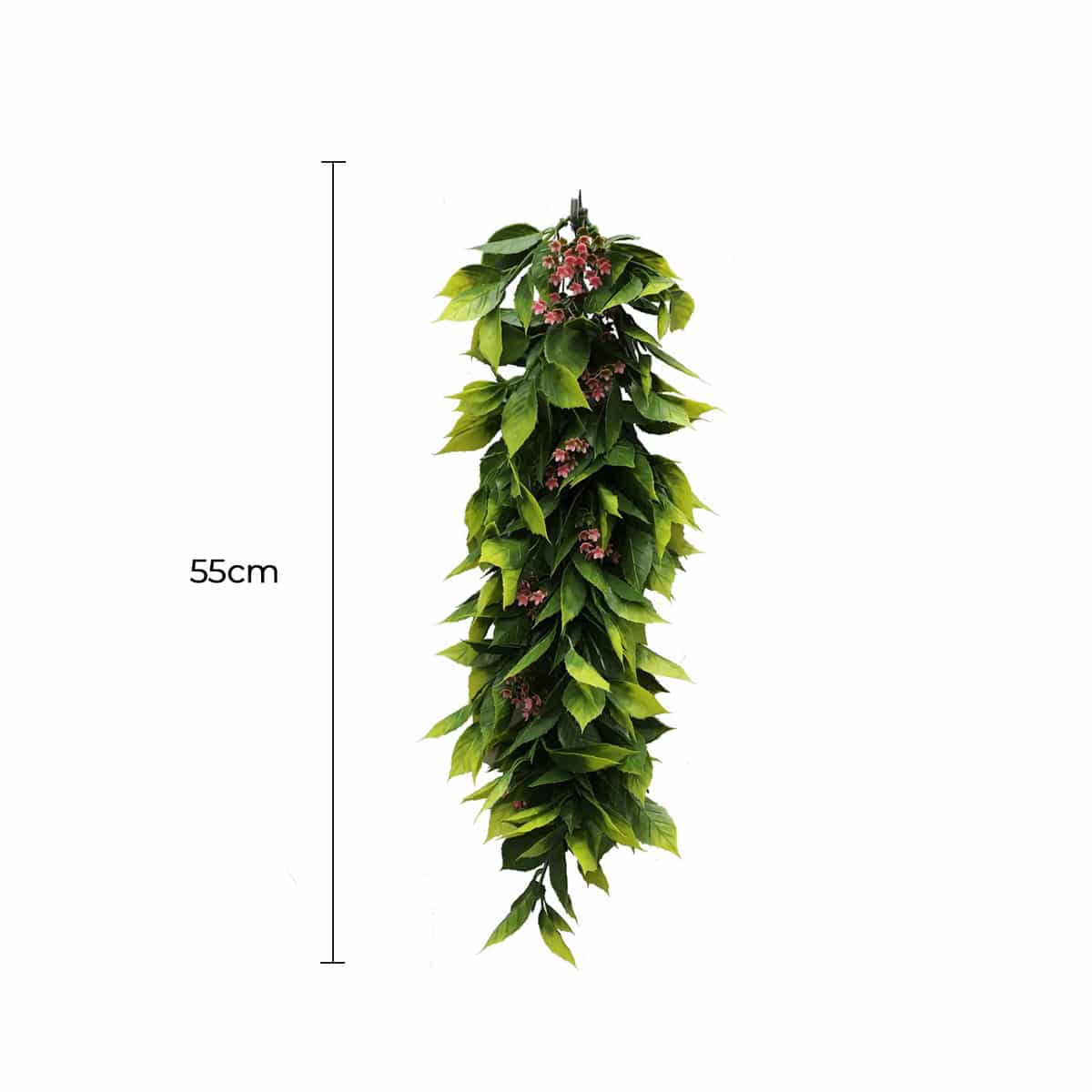 Artificial hanging plant with dimensions on a white background
