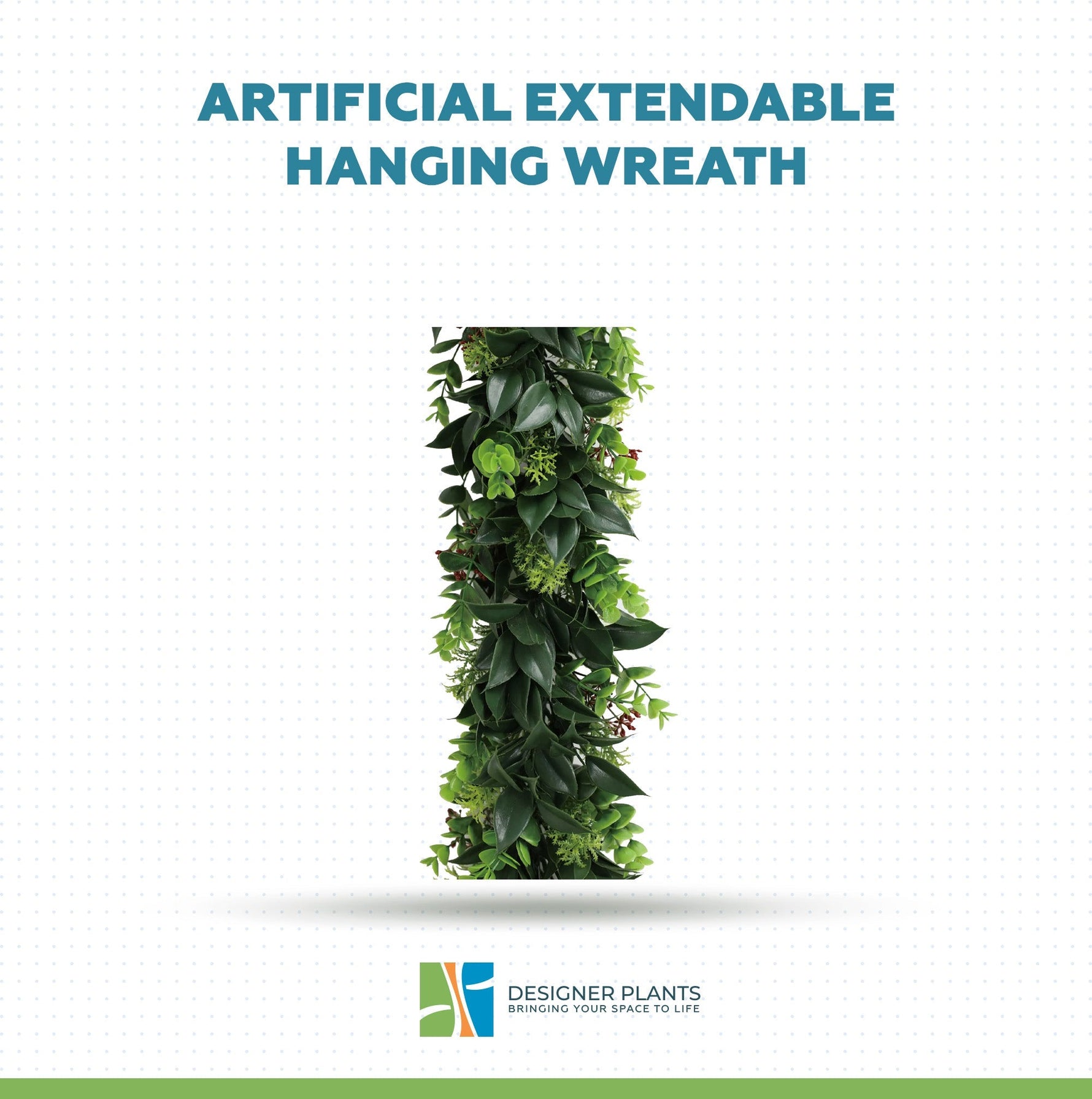 An artificial extendable hanging wreath made of green faux leaves and small berries, centered on a white background with the text 'ARTIFICIAL EXTENDABLE HANGING WREATH' above it and the Designer Plants logo below.
