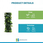 Product details of a green artificial plant with usage, technology, and brand information.