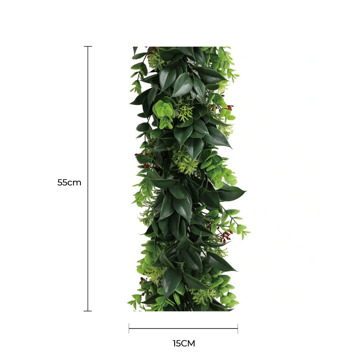 Artificial green leaf garland with dimensions on a white background