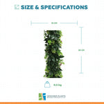 Size and specifications chart for an artificial greenery garland, showing a 15 cm by 55 cm leafy green vine with a weight of 0.5 kg, on a white grid background with Designer Plants branding.