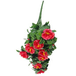 Artificial hanging flower basket with red flowers and green leaves on a white background