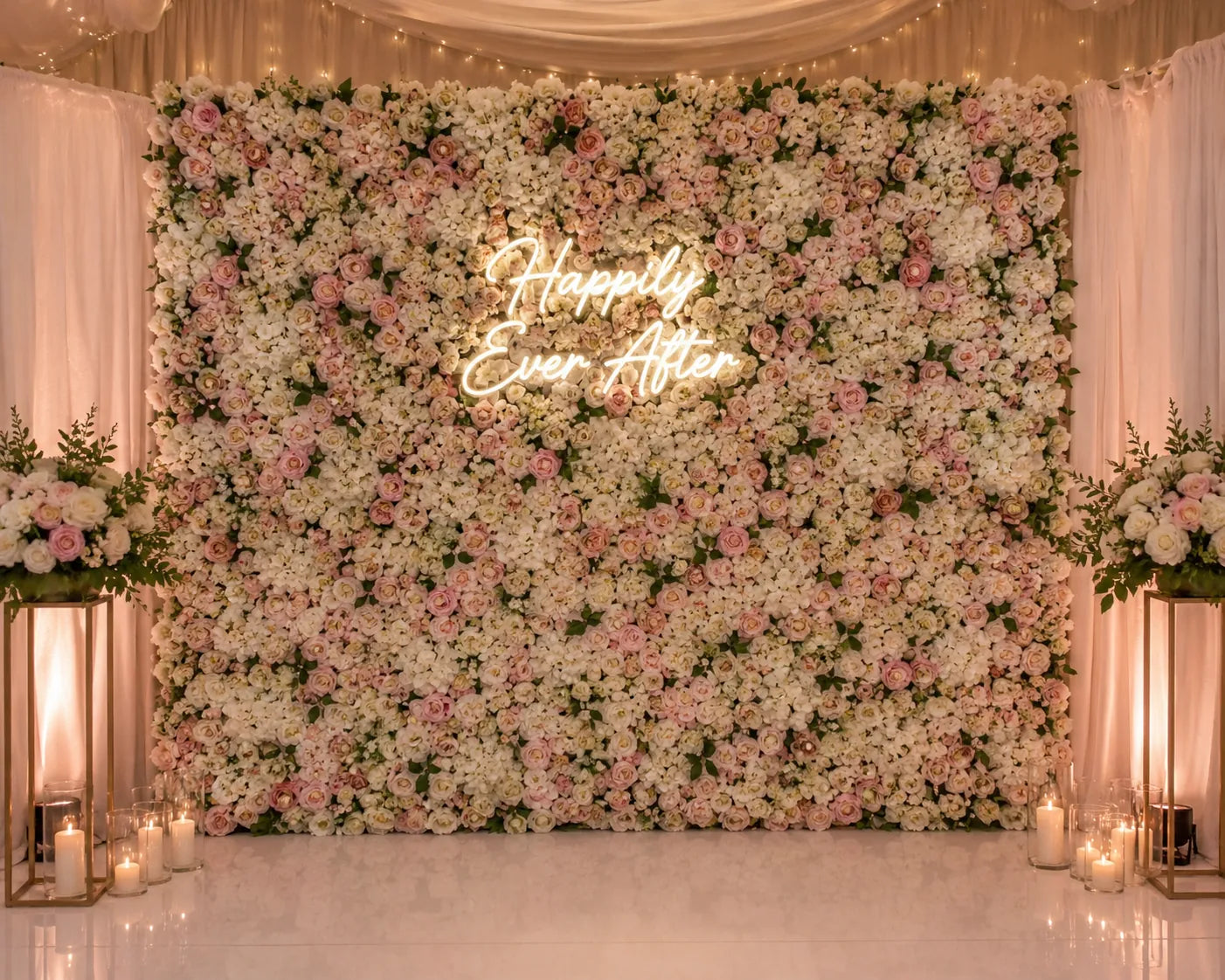 White and blush artificial flower wall wedding backdrop