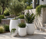 White planters with green plants on a patio area