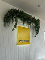 Ray White sign on a white wall with green foliage above it