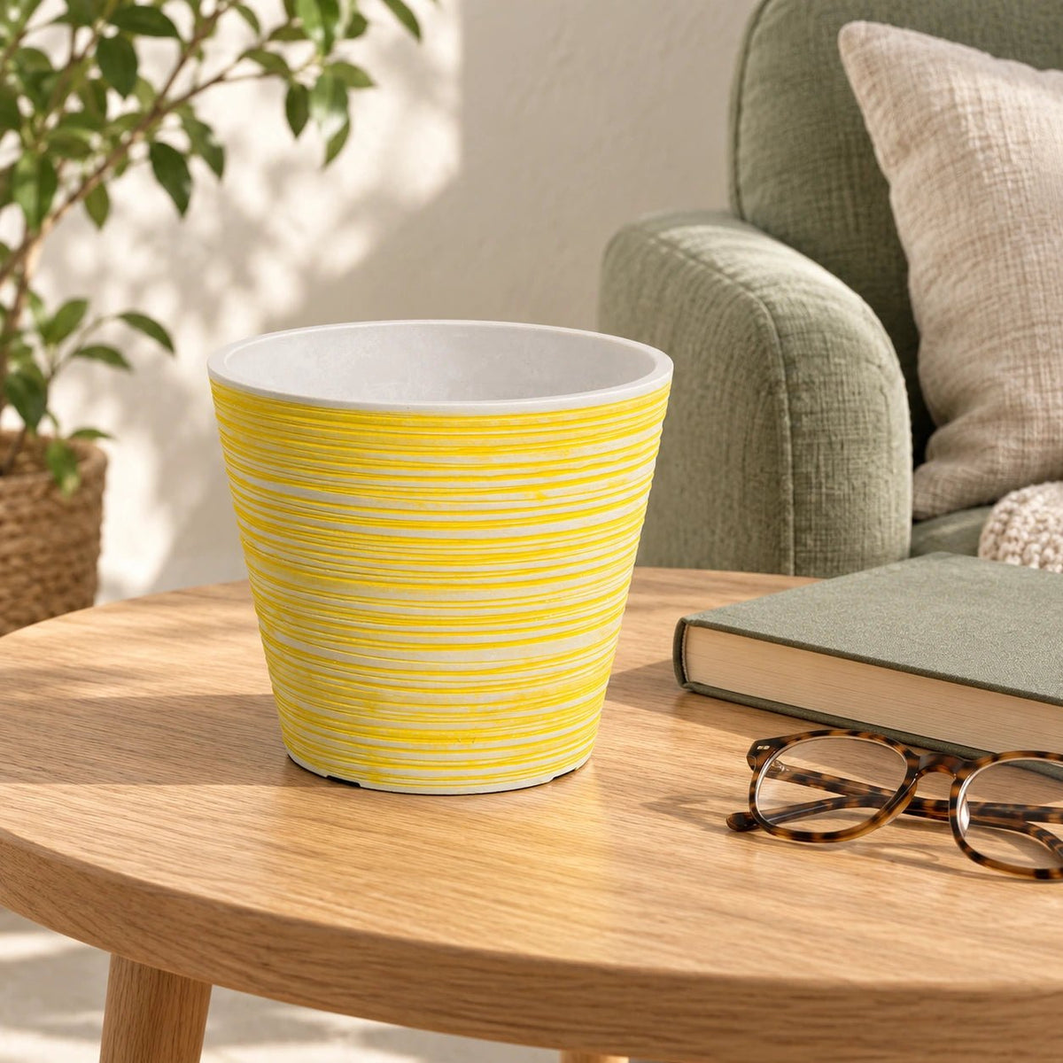 Yellow and White Engraved Pot 17cm - Designer Vertical Gardens Pots