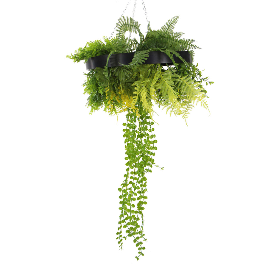 Black Artificial Hanging Plant Disc Chandelier with Dense Trailing Greenery — 40cm