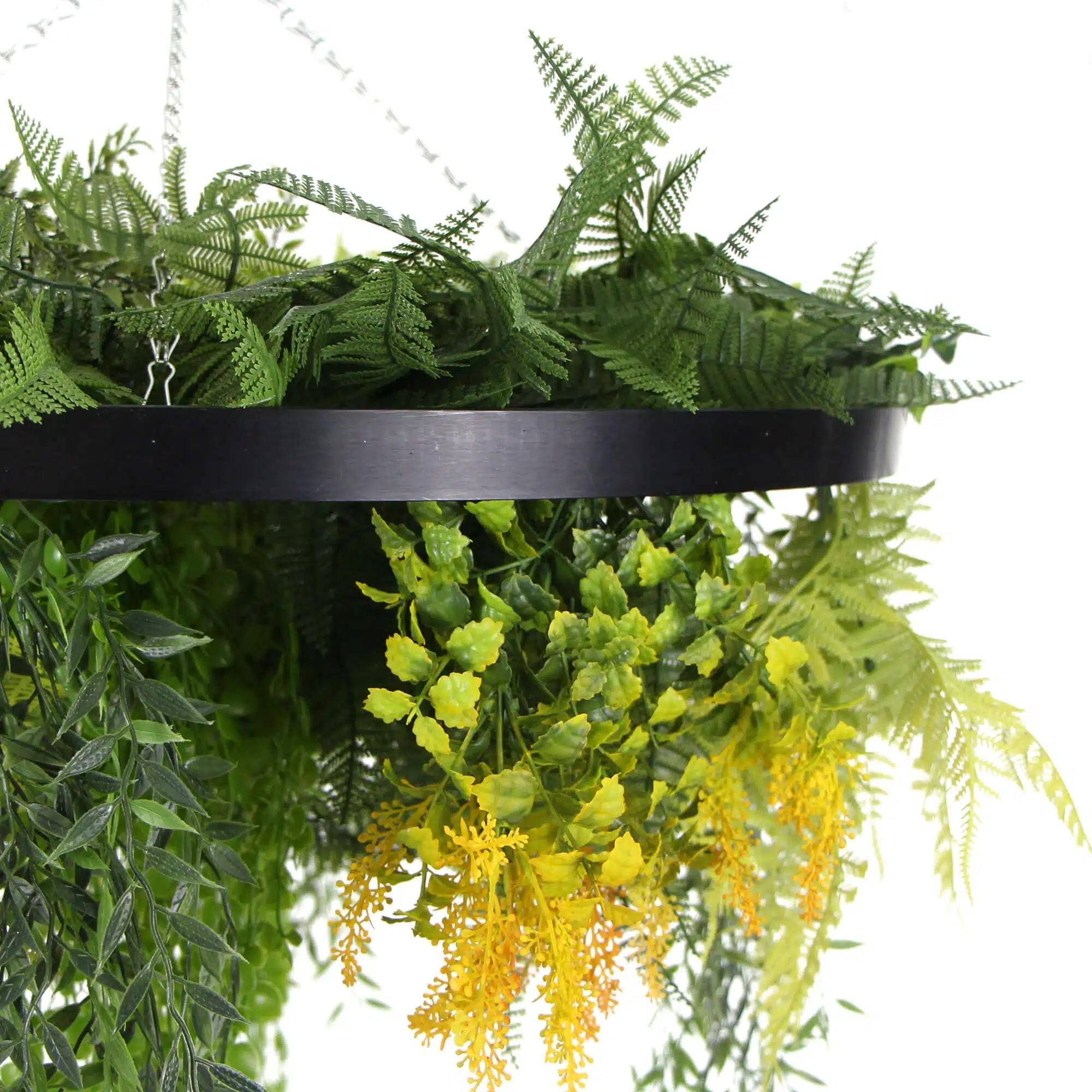 Black Framed Roof Hanging Disc With Draping Life-Like Plants 60cm - Designer Vertical Gardens hanging plants