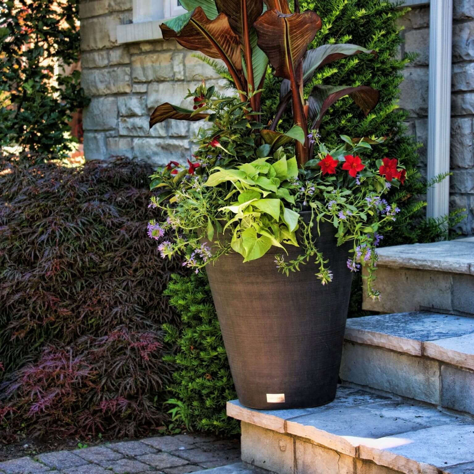 Decorative Textured Round Black Planter 47cm - Designer Vertical Gardens Pots