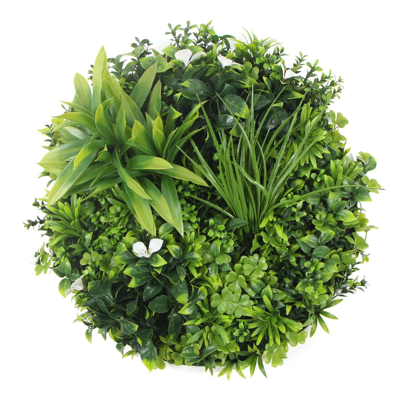 Flowering Modern White Artificial Green Wall Disc UV Resistant 75cm (Black Frame) - Designer Vertical Gardens