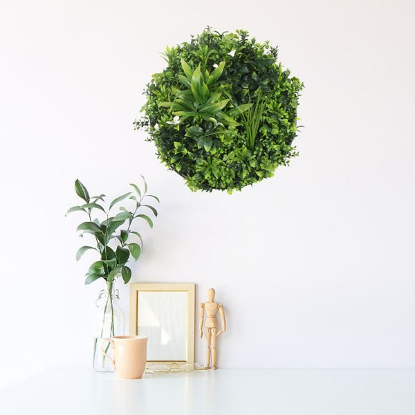 Flowering White Artificial Green Wall Disc UV Resistant 50cm (Black Frame)