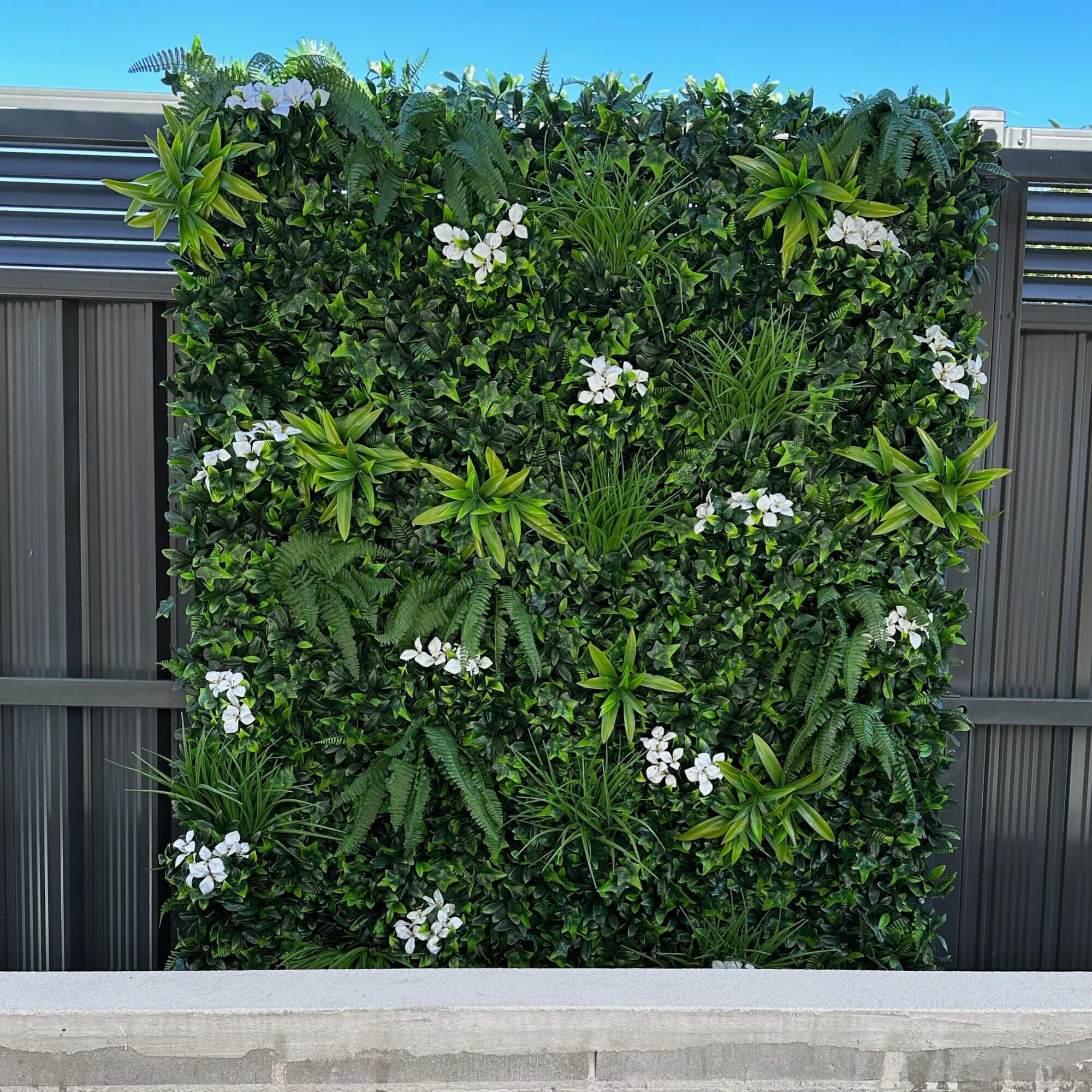 Flowering White Jasmine Fake Green Wall / Artificial Vertical Garden 1m x 1m UV Resistant - Designer Vertical Gardens artificial garden wall plants artificial green wall australia