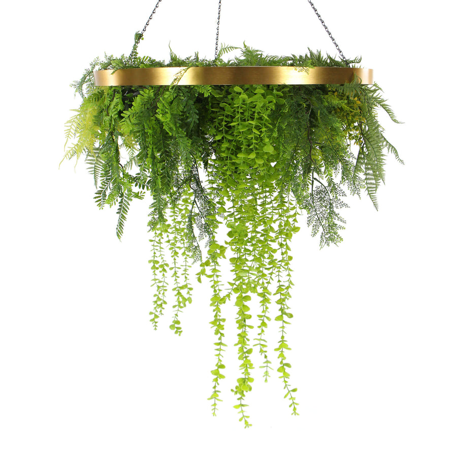 Gold Artificial Hanging Plant Disc Chandelier with Realistic Trailing Foliage — 80cm Limited Edition UV Resistant