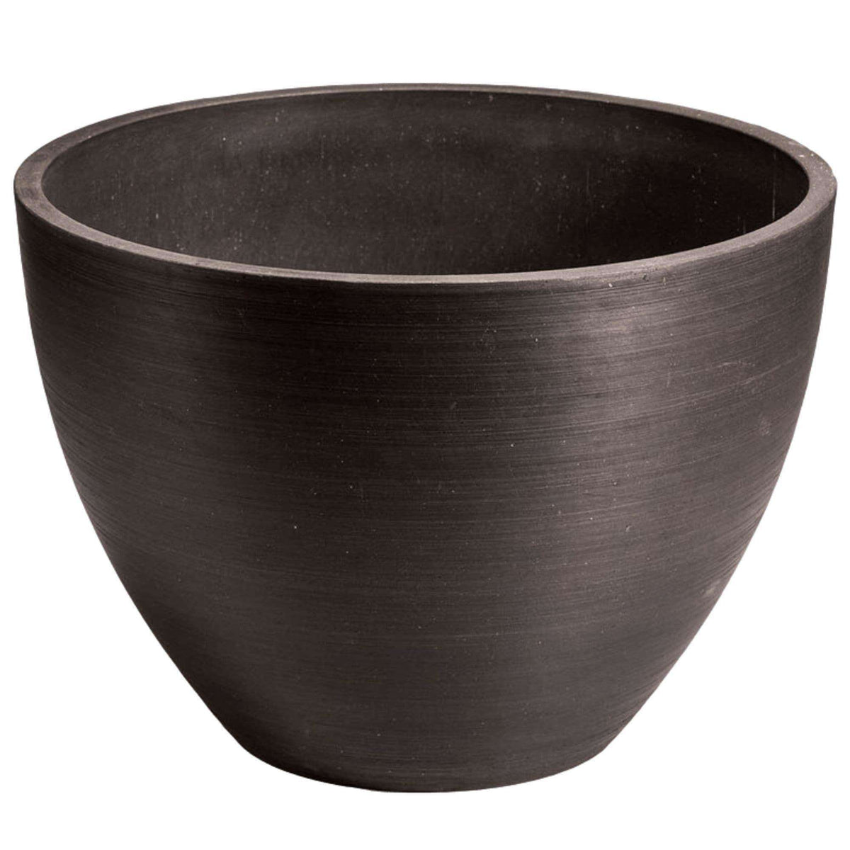 A polished black planter bowl made from recycled plastics and concrete, with a round shape and smooth surface.