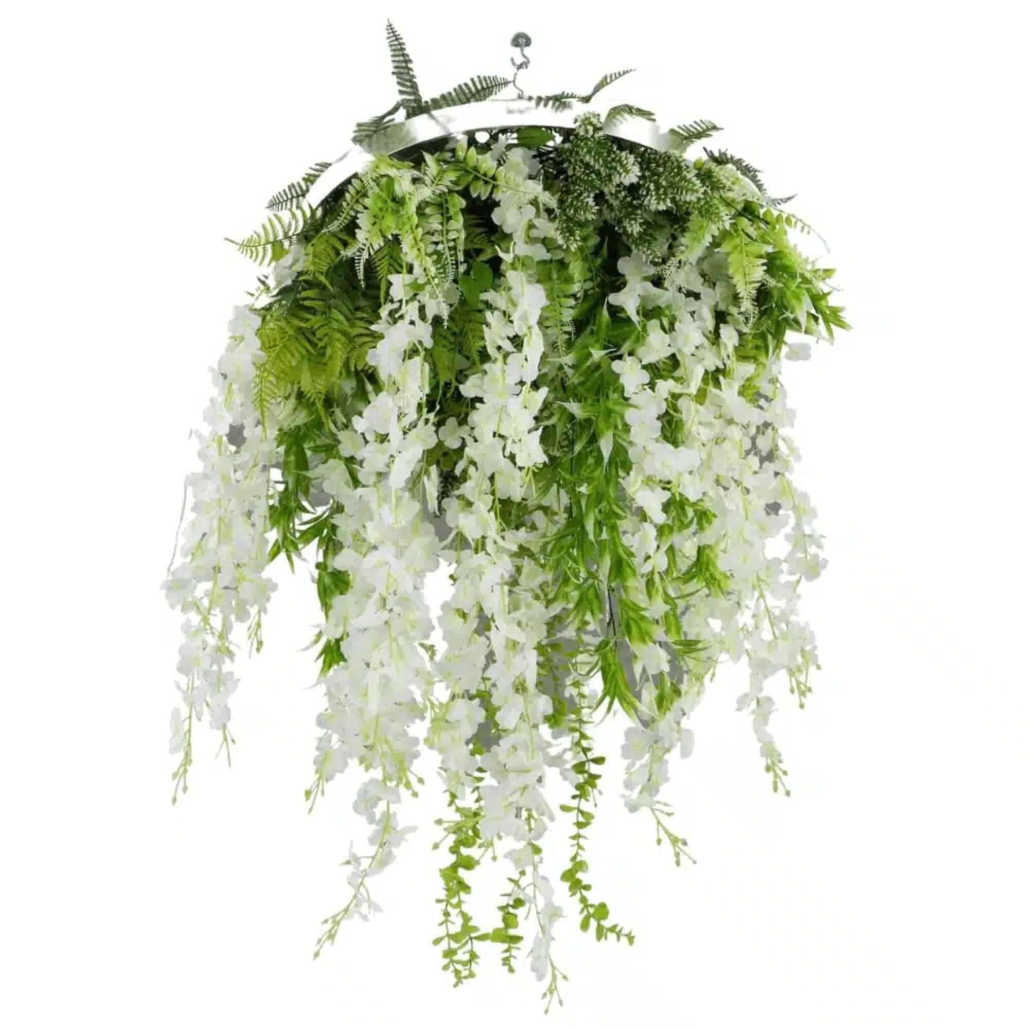 Silver Framed Roof Hanging Disc With Draping Life-Like Wisteria Flowers 60cm - Designer Vertical Gardens Artificial vertical garden wall disc hanging plants