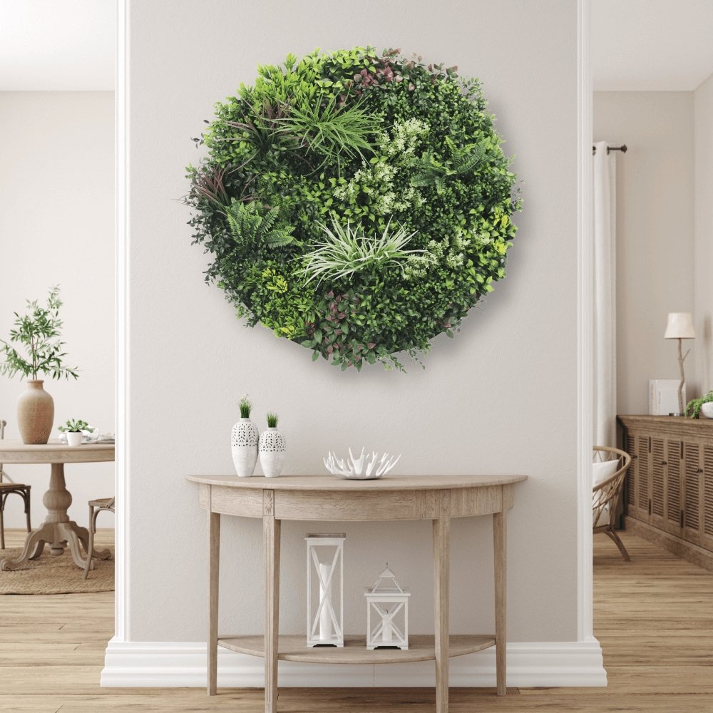 Slimline Artificial Green Wall Disc Art 100cm Colour Fresh UV Resistant (White) - Designer Vertical Gardens Artificial vertical garden wall disc