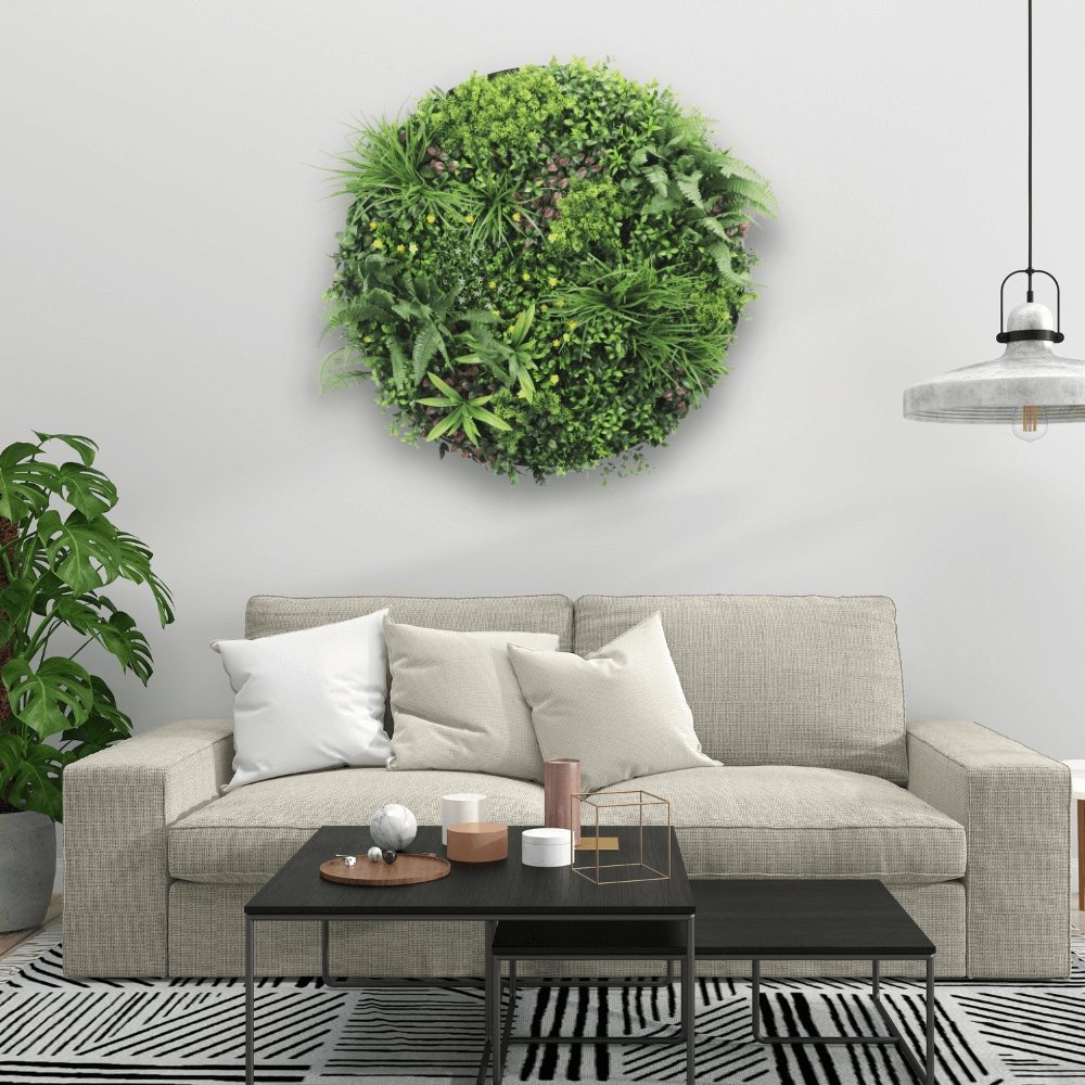 Slimline Artificial Green Wall Disc Art 100cm Country Fern UV Resistant (Black) - Designer Vertical Gardens Artificial vertical garden wall disc