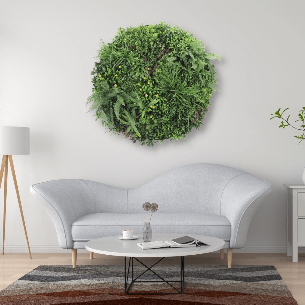 Slimline Artificial Green Wall Disc Art 100cm Country Fern UV Resistant (White) - Designer Vertical Gardens artificial garden wall plants artificial green wall australia